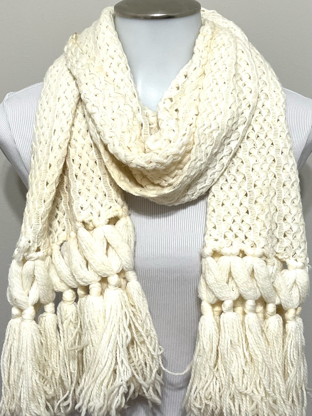 Cream Ivory Sparkle Scarf Silver Thread Tassel Fringe Braided Details